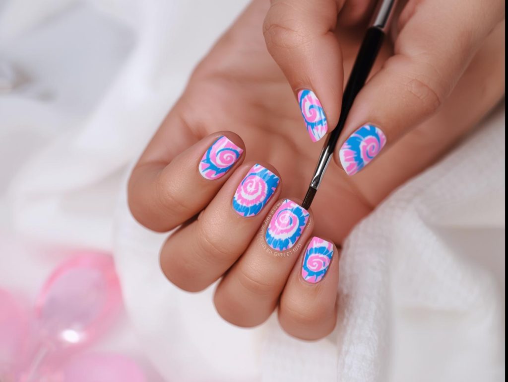 Creating neon pink and blue spiral tie dye nails with swirled polish.