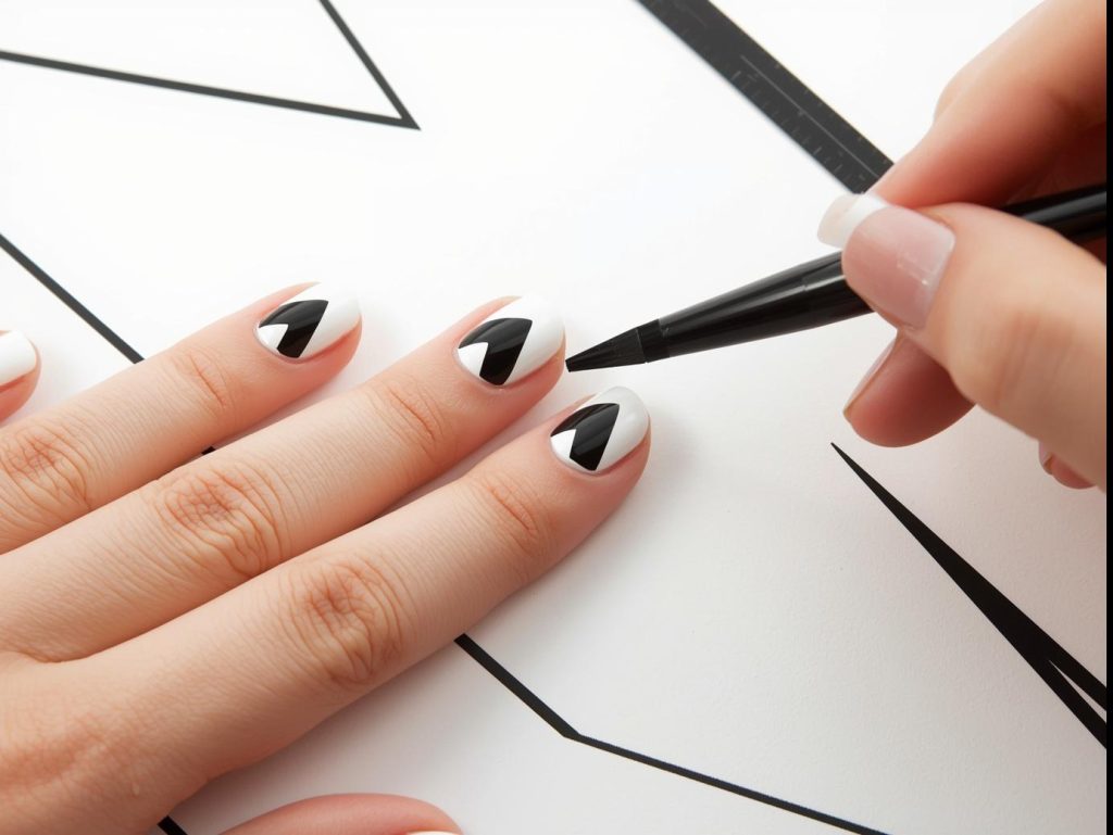 Creating sharp black and white triangle geometric nails with taped polish.