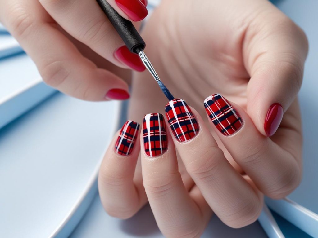 Creating plaid pattern back to school nail trends 2025 with red and navy polish