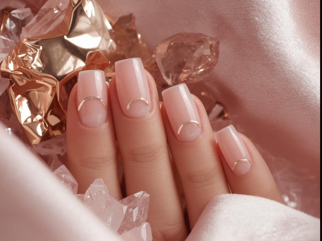 Soft pink half-moon negative space nails with gold accents