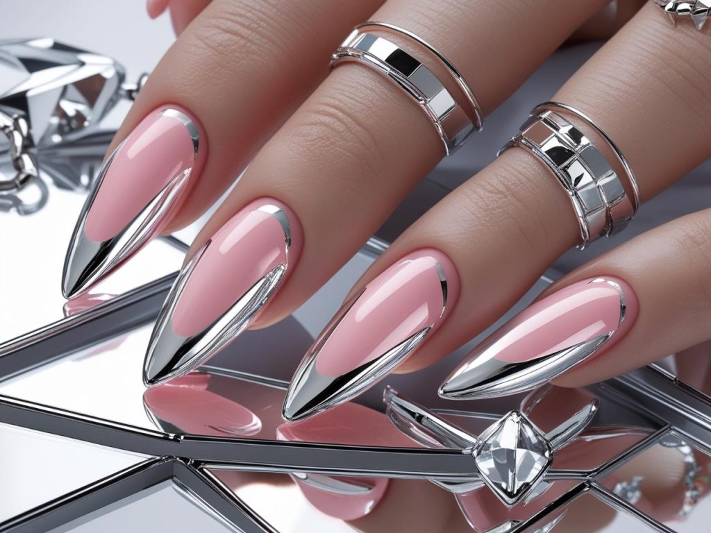 Sleek chrome tip Hailey Bieber nails with metallic silver edges.