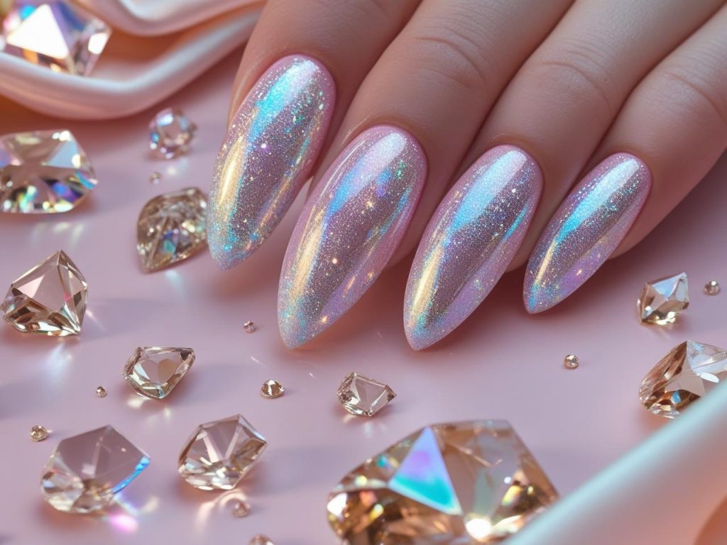 Iridescent holographic sparkle French tip nails with multicolored glitter.
