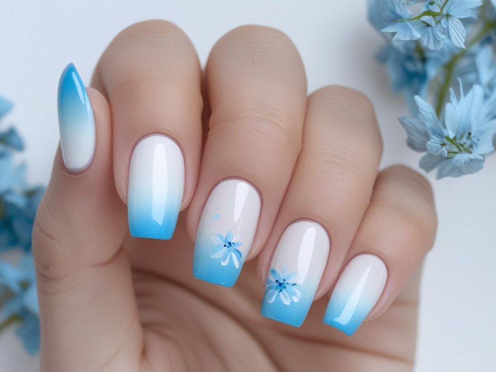 “Ombre pastel summer nail designs with blue-to-white gradient and shimmer for 2025.”