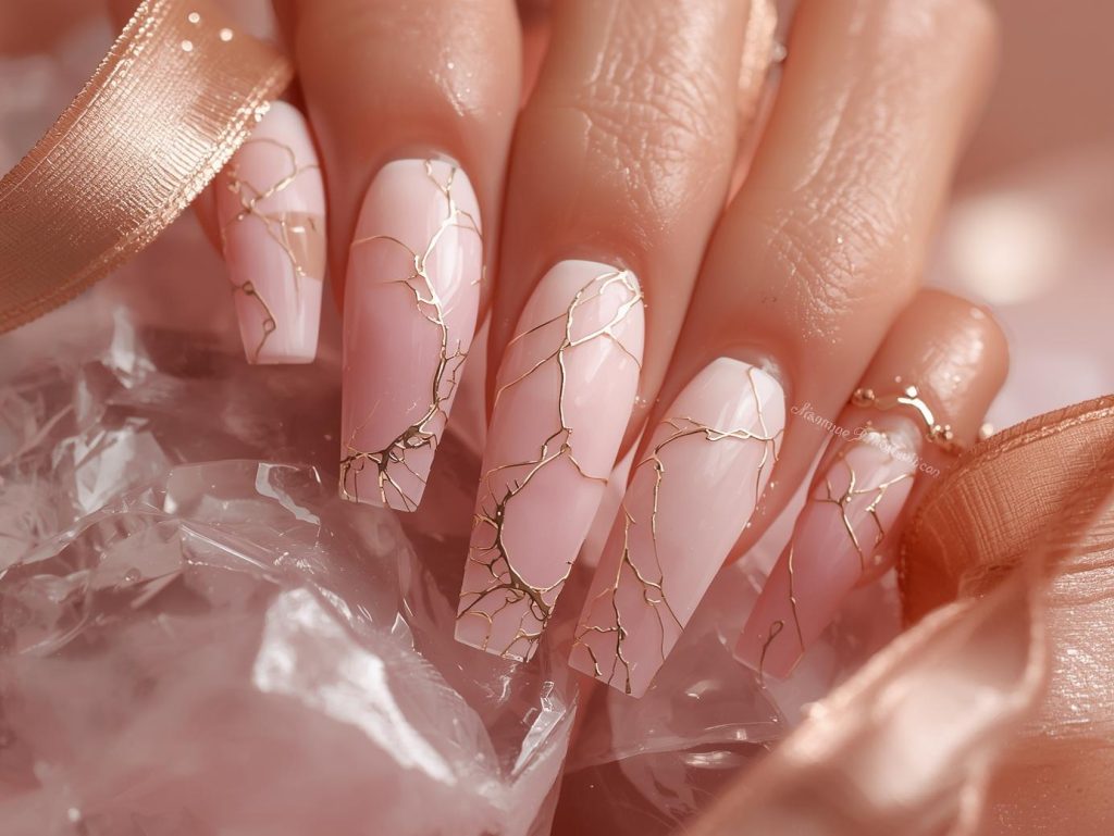 Soft pink and gold-veined marble nails with delicate gold swirls.