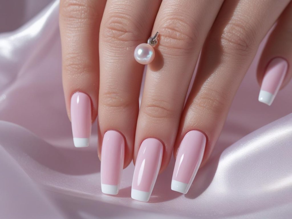  “Micro French tip trending nail designs with thin white tips on pastel pink.”