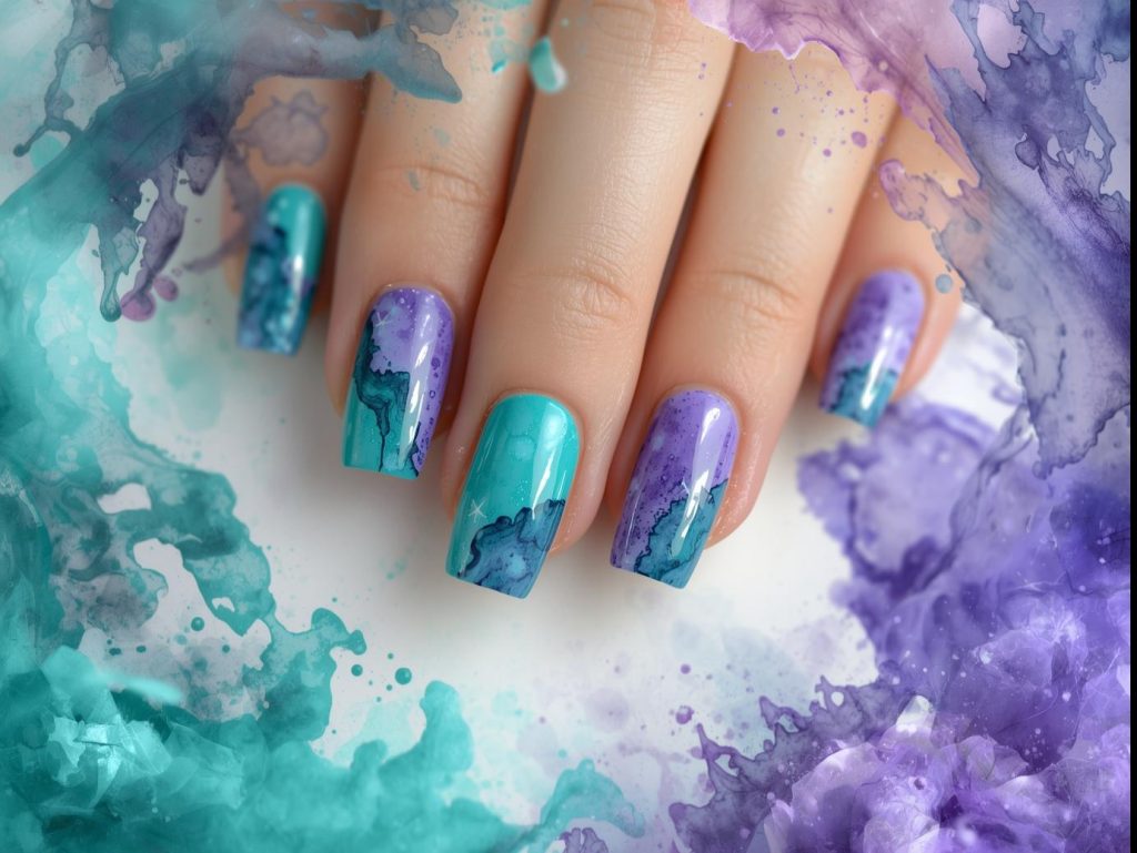 Abstract Nail Art: Bold and Pinterest-Worthy Manicures to Inspire 7 Swirling watercolor effect abstract nails with teal and purple swirls