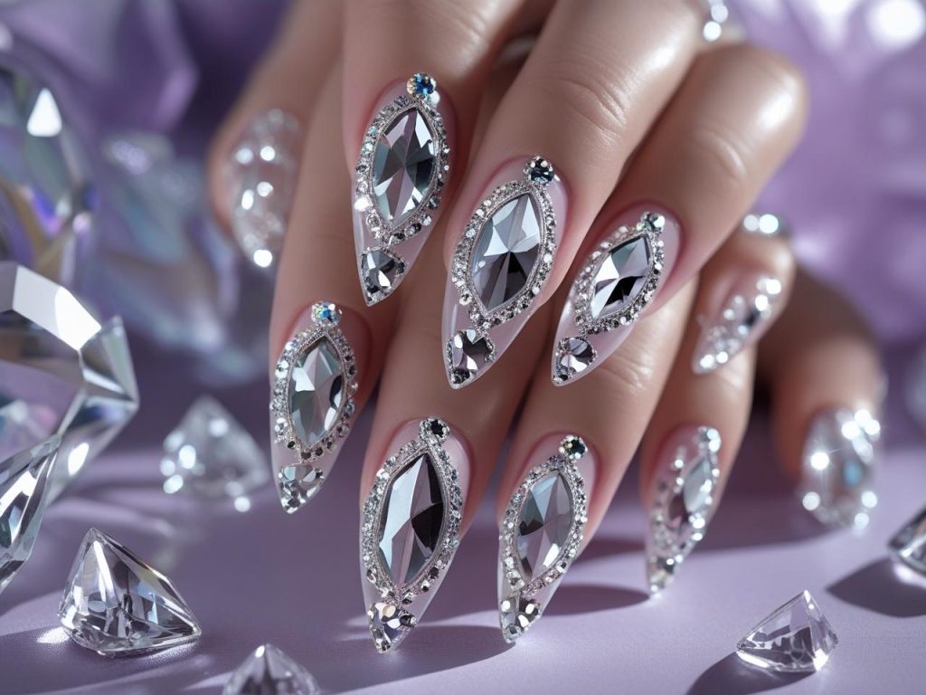 3D gem Instagram nail trends 2025 with sparkling embellishments.