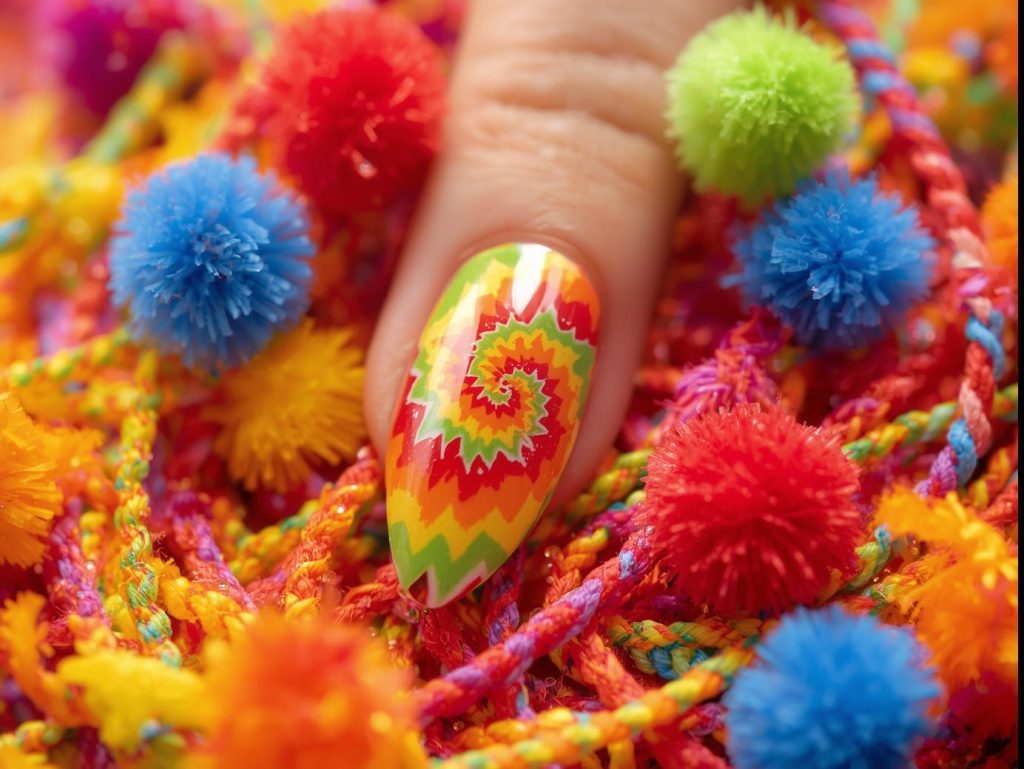 Vibrant rainbow blend tie dye nails with red, yellow, and green swirls.