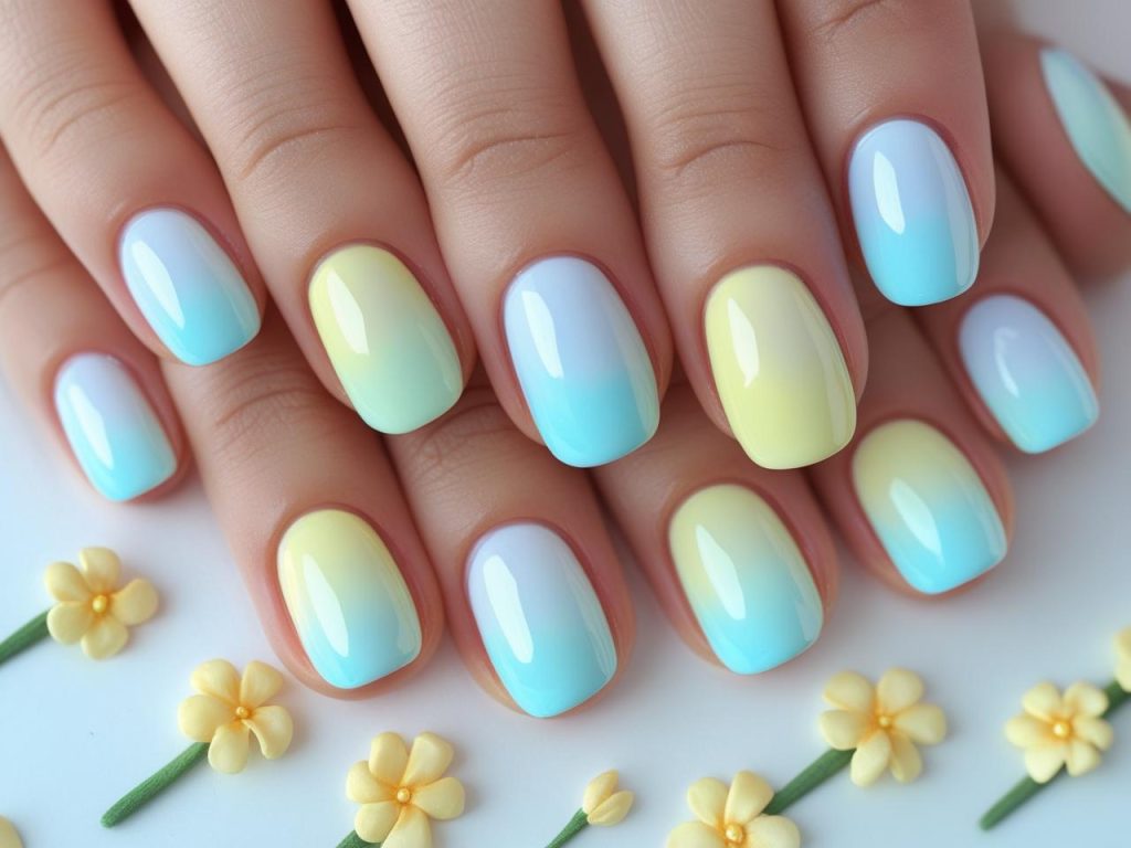 Pastel ombré back to school nail trends 2025 with gradient blue to yellow polish