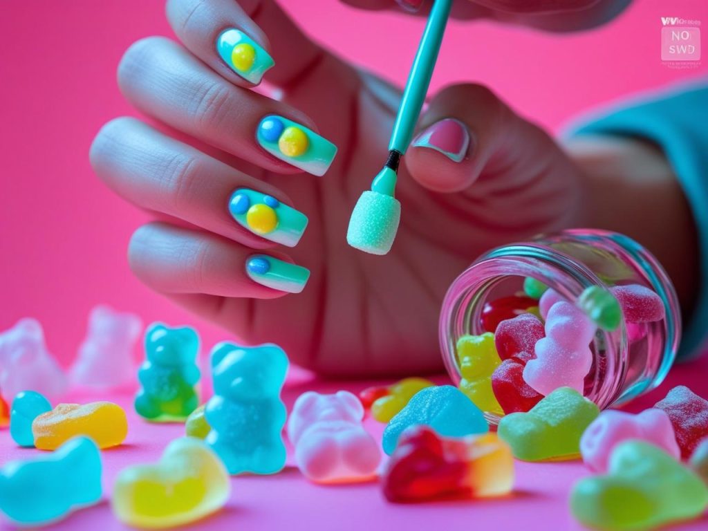  Creating candy-coated skittle TikTok nail ideas with vibrant pastel polish.