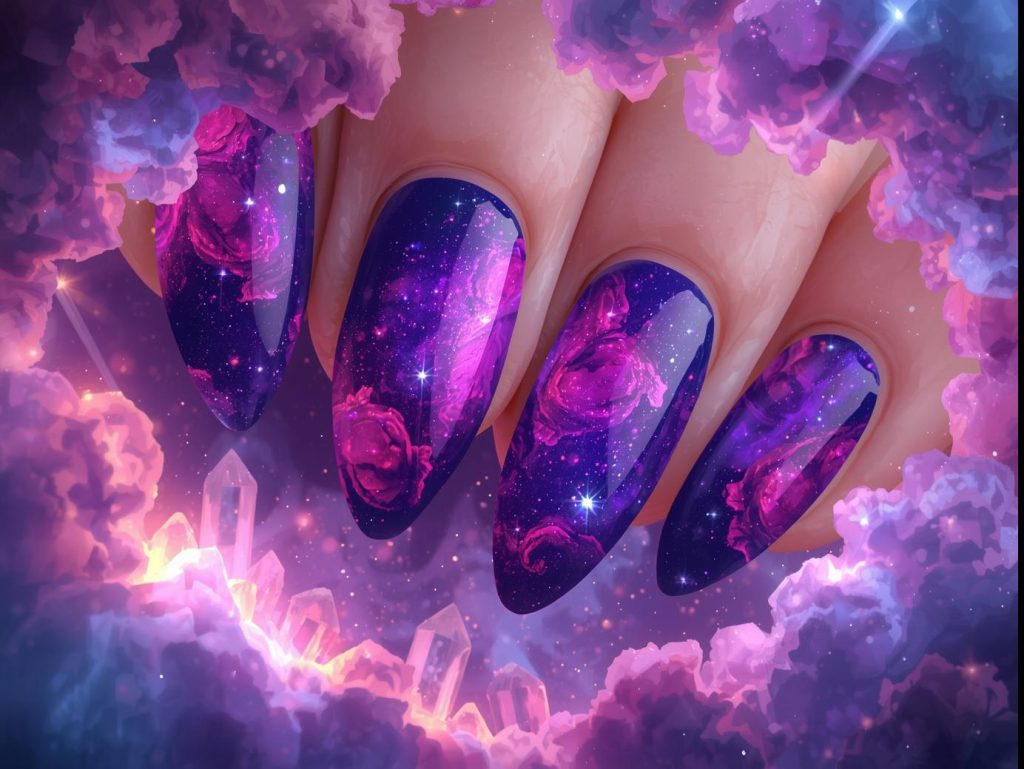 Vibrant purple and magenta nebula swirl galaxy nails with colorful swirls.