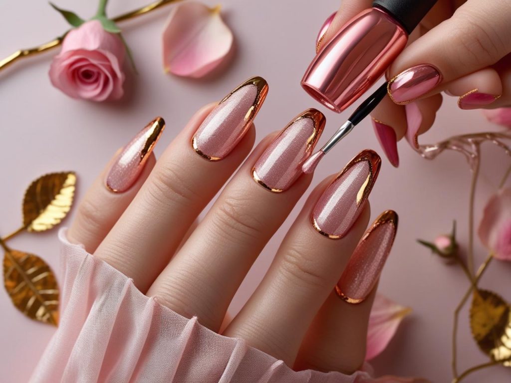 Creating rose gold shimmer tip chrome French tip nails with rose gold polish