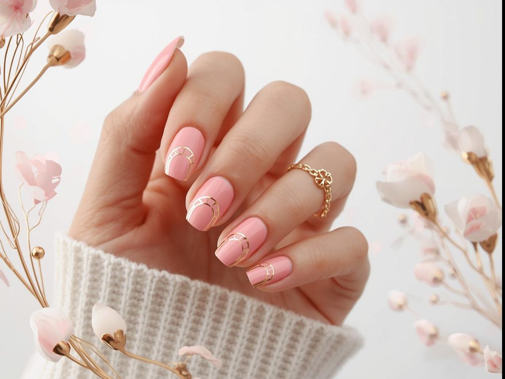 Creating soft pink half-moon negative space nails with pink and gold polish