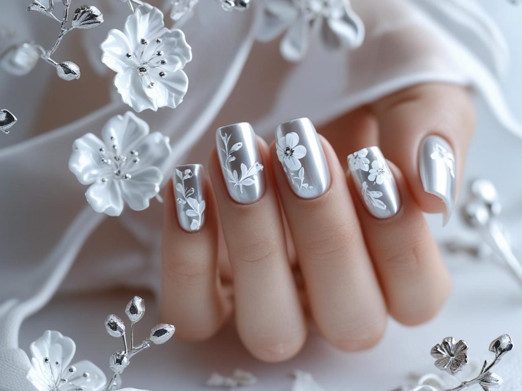 “Silver floral nail designs with white flowers for 2025.”