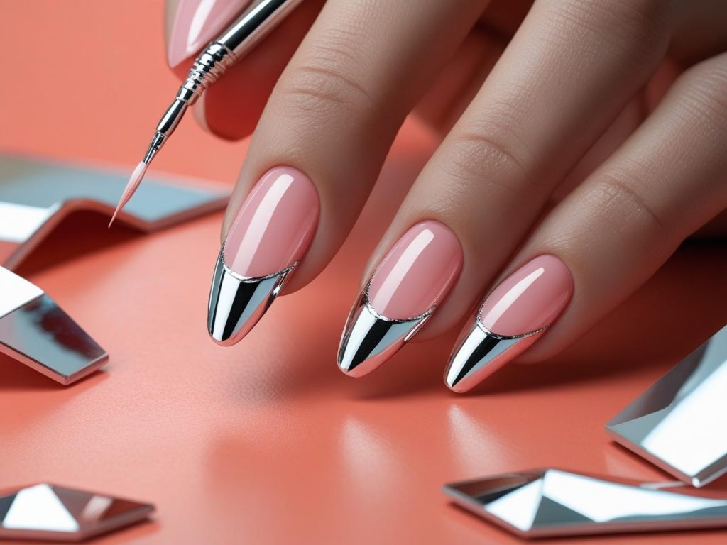 Creating sleek chrome tip Hailey Bieber nails with metallic silver edges
