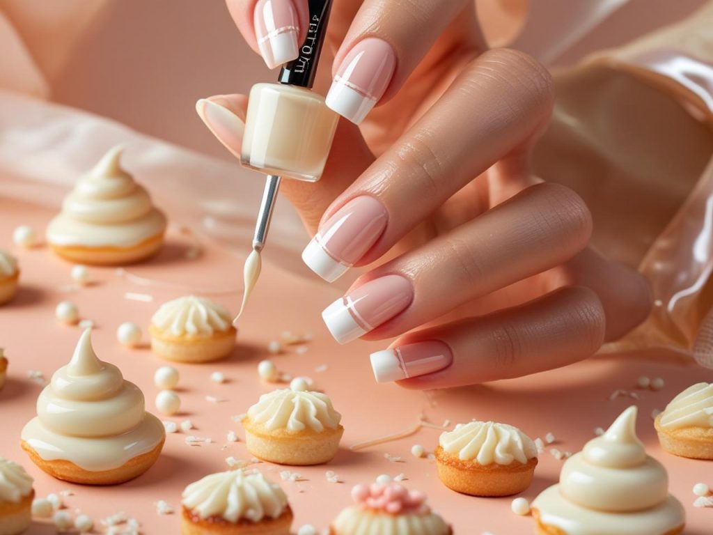 Creating glossy vanilla glaze tip glazed donut nails with creamy white tips.