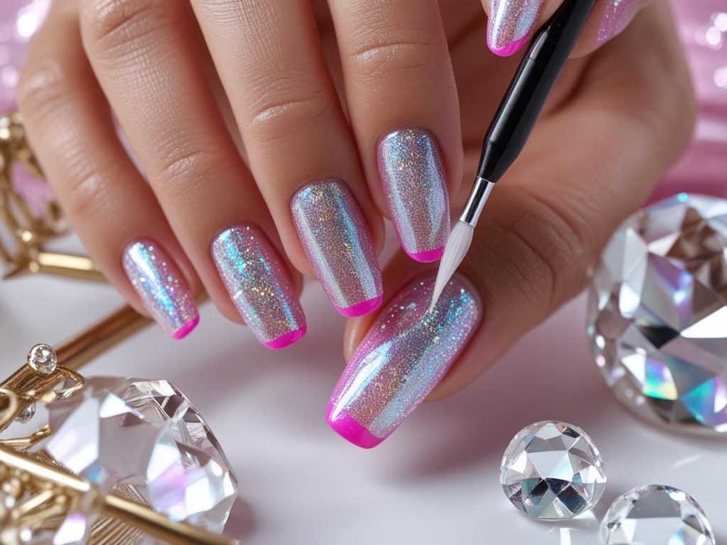 Creating iridescent holographic sparkle French tip nails with glitter polish