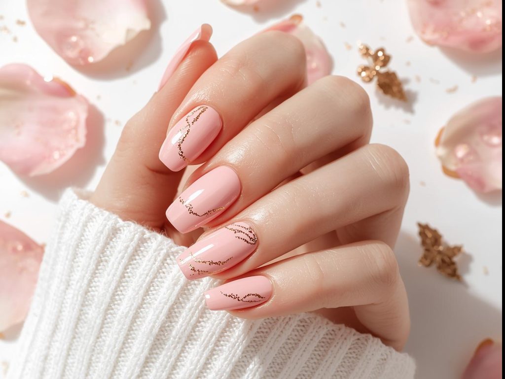  Creating soft pink and gold-veined marble nails with swirled polish.
