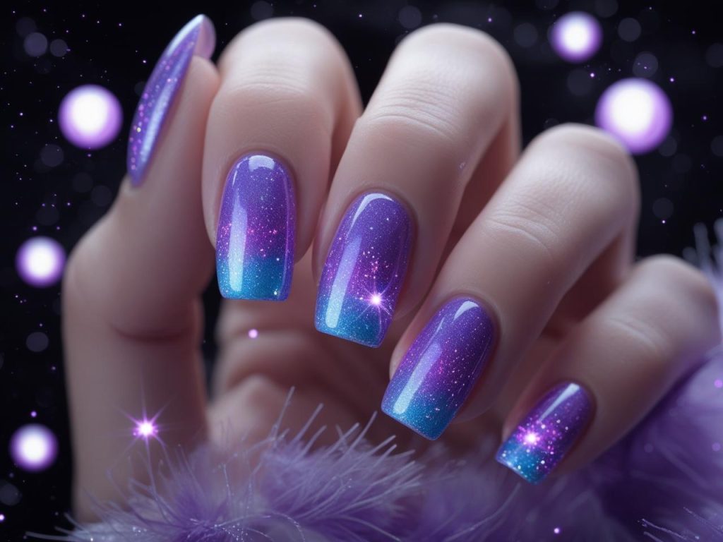  “Aura glow trending nail designs with purple-to-blue gradient and shimmer.”