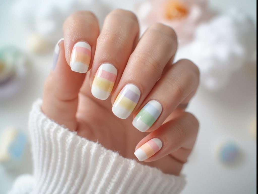 Creating soft pastel rainbow gradient nails with blended polish.