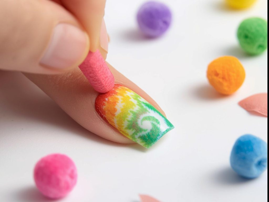 Creating vibrant rainbow blend tie dye nails with blended polish.