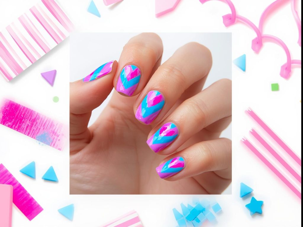  Creating vibrant neon pink and blue chevron geometric nails with taped polish.