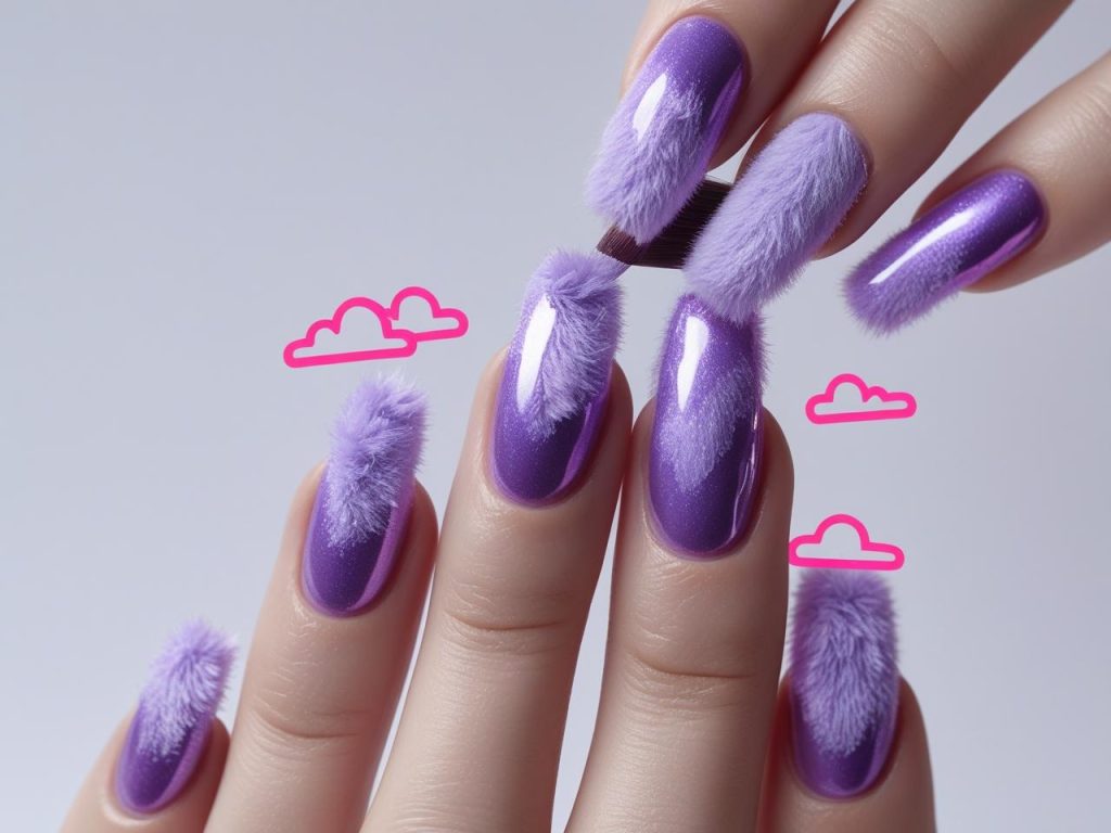 Creating misty velvet ombre TikTok nail ideas with fuzzy purple polish.