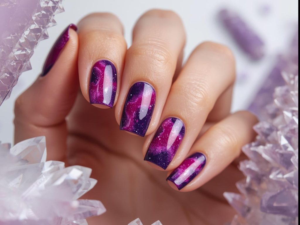 Creating vibrant purple and magenta nebula swirl galaxy nails with blended polish.