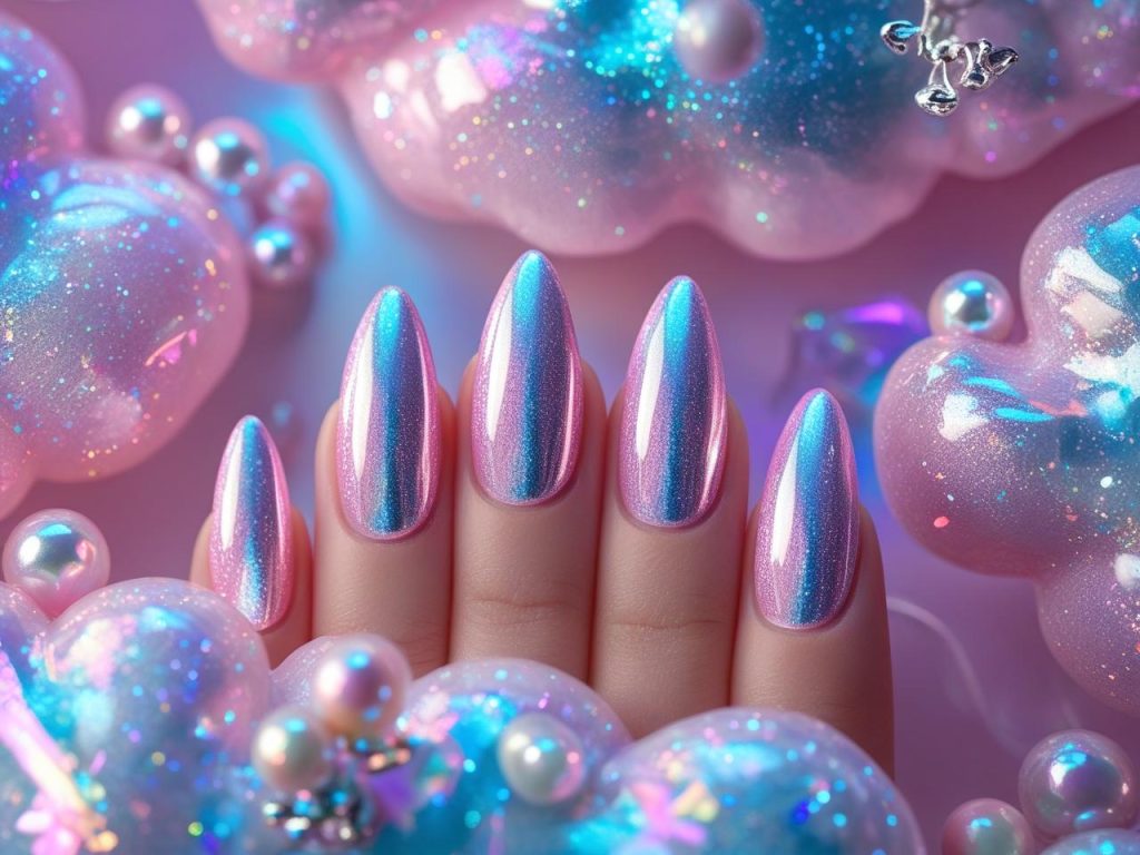 Holographic pink accent chrome French tip nails with shimmering pink tips
