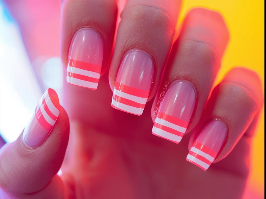 Transparent tip with neon coral stripe negative space nails with bold stripes.