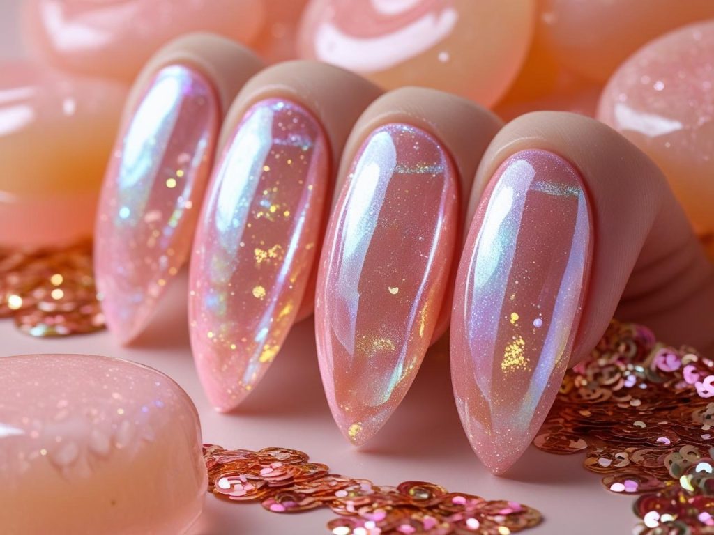 Iridescent jelly layer glazed donut nails with translucent pink polish