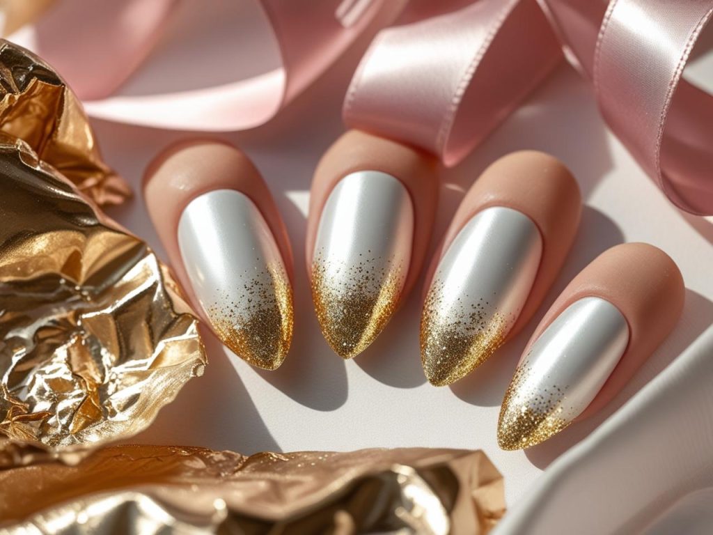 Soft gold-dusted edge French tip nails with subtle gold glitter