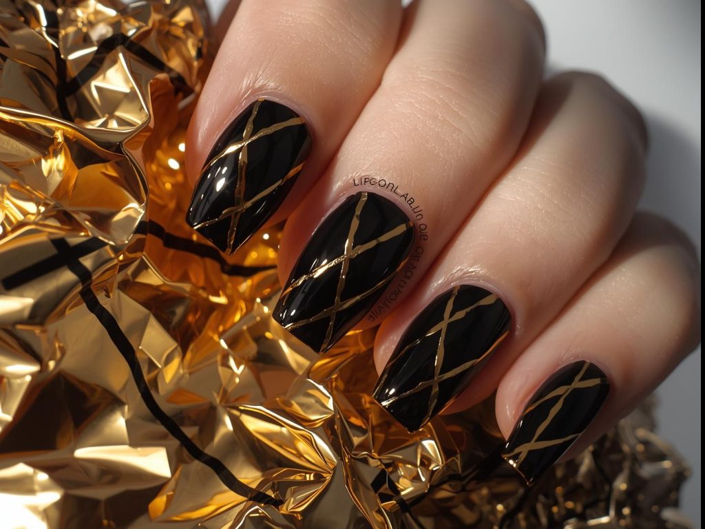 Abstract Nail Art: Bold and Pinterest-Worthy Manicures to Inspire 9 Asymmetrical metallic gold line abstract nails with crisscrossing lines.