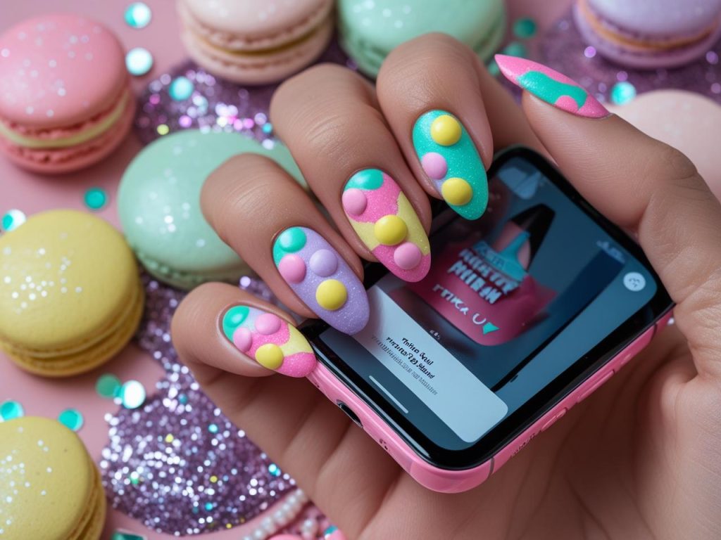  Skittle TikTok nail ideas with vibrant pastel polishes on a TikTok tutorial.