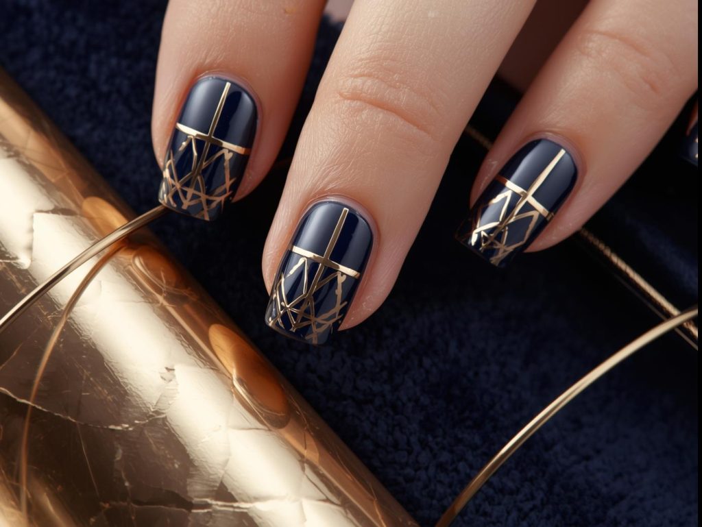 Sleek gold and navy grid geometric nails with crisp grid lines.