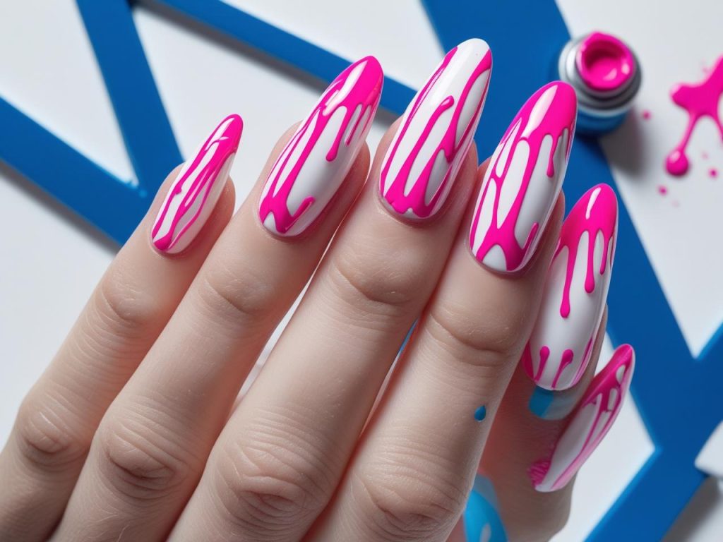  Creating wild neon drip splash TikTok nail ideas with neon pink patterns.