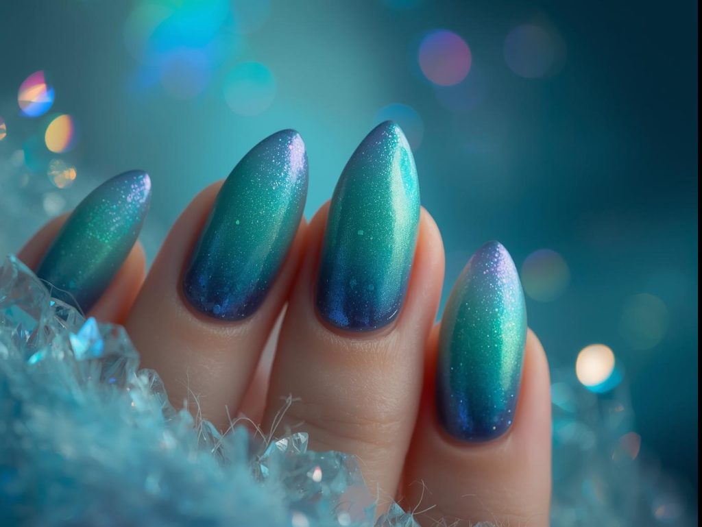 Ethereal teal and indigo aurora gradient galaxy nails with shimmering gradients.