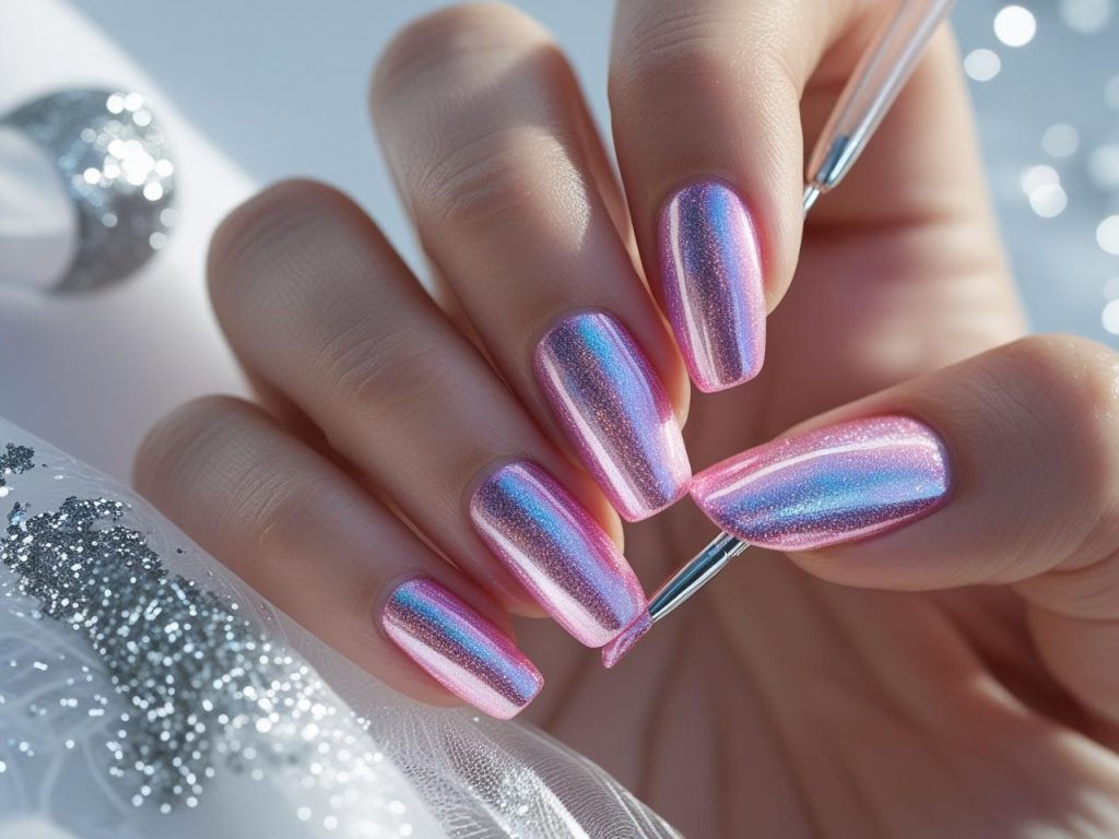 Creating holographic pink accent chrome French tip nails with pink chrome polish.