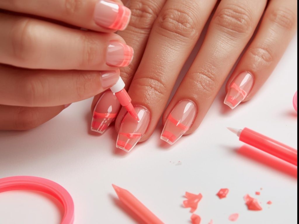 Creating transparent tip with neon coral stripe negative space nails with neon polish.