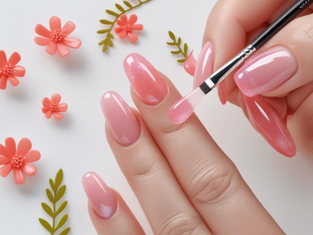 Creating minimalist jelly accent Hailey Bieber nails with translucent pink polish.