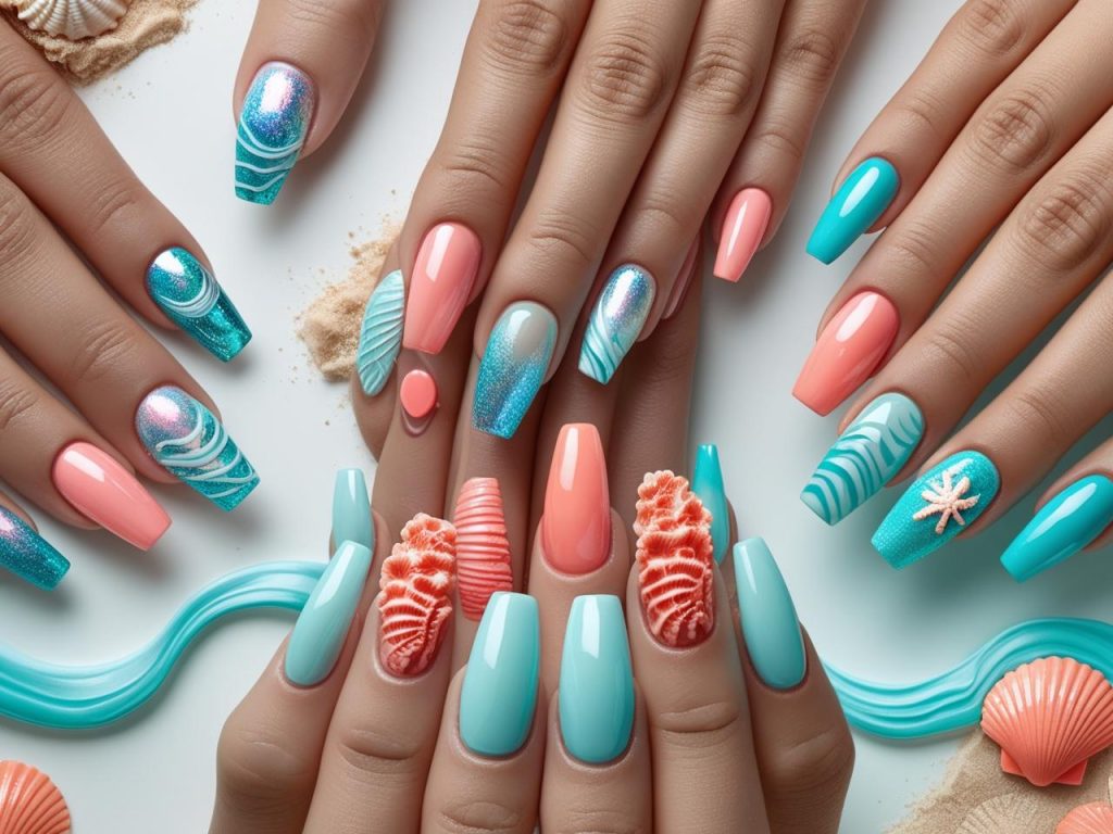 Beach Vibes Nails 2025: Coastal and Breezy Trends for Stunning Manicures 2 “2025 beach vibes nails with classic, seashell shimmer, tropical coral, and wave ombre designs for Pinterest inspiration.”