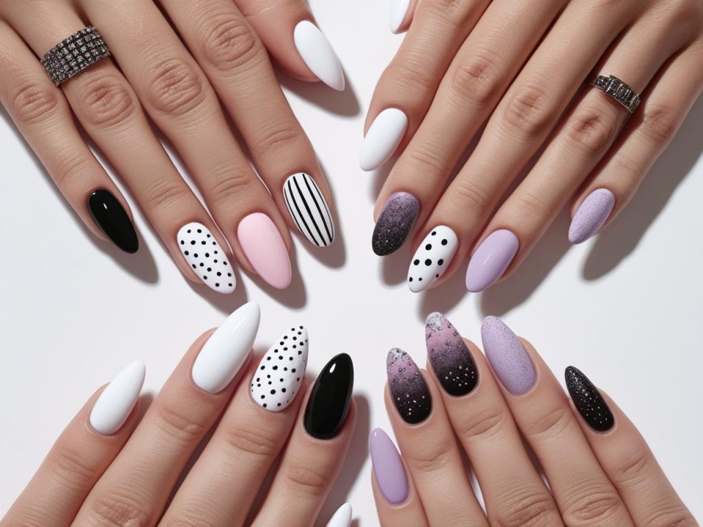 “Simple nail designs with classic line, star accent, minimalist dot, and ombre fade designs for Pinterest inspiration.”