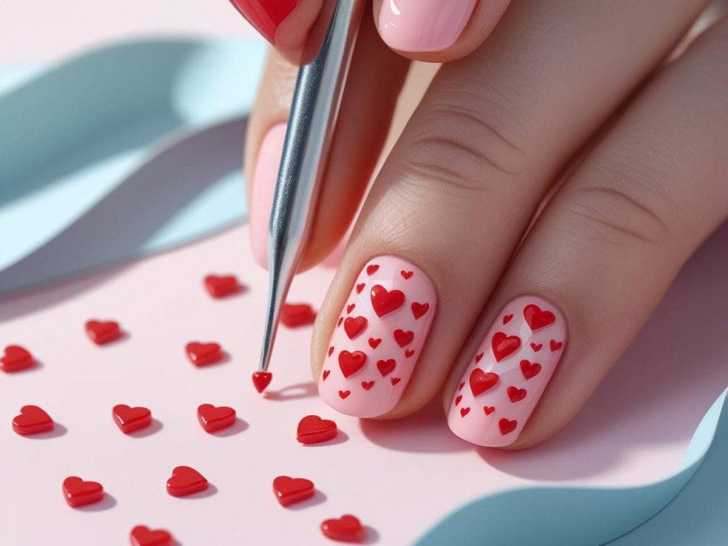 Creating mini heart back to school nail trends 2025 with red heart design