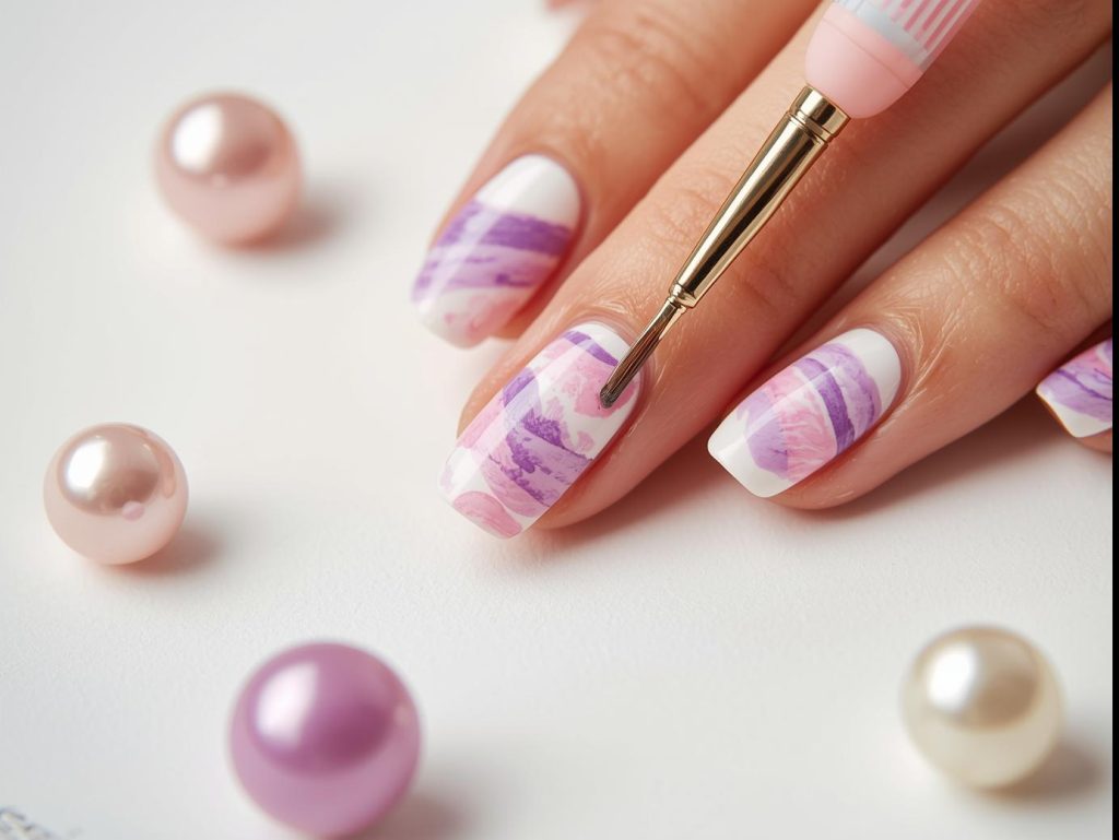  Creating soft pastel purple and pink swirl tie dye nails with swirled polish.