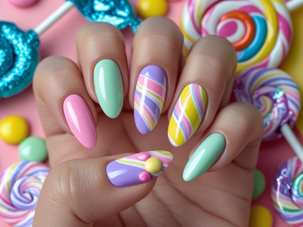  Candy-coated skittle TikTok nail ideas with vibrant pastel polishes.