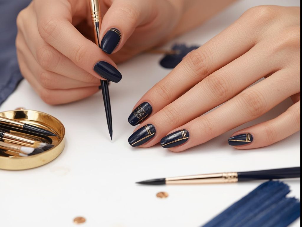 Creating sleek gold and navy grid geometric nails with gold polish.