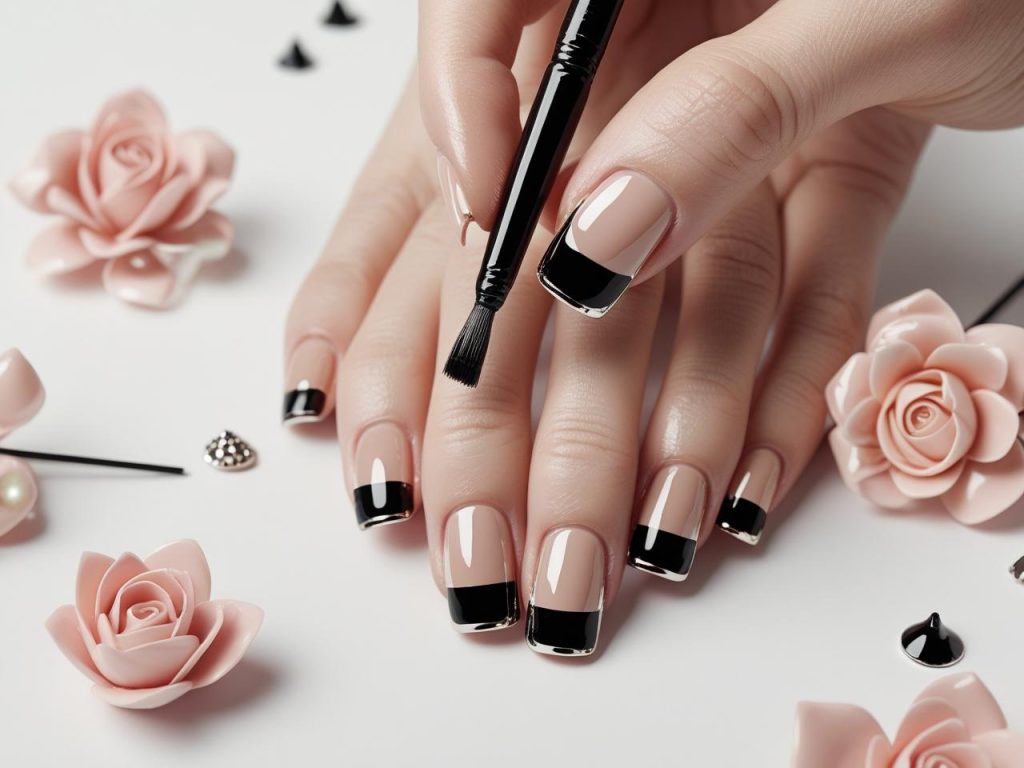 Bold black chrome outline chrome French tip nails with matte black edges
