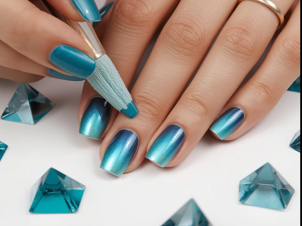 Creating ethereal teal and indigo aurora gradient galaxy nails with blended polish.