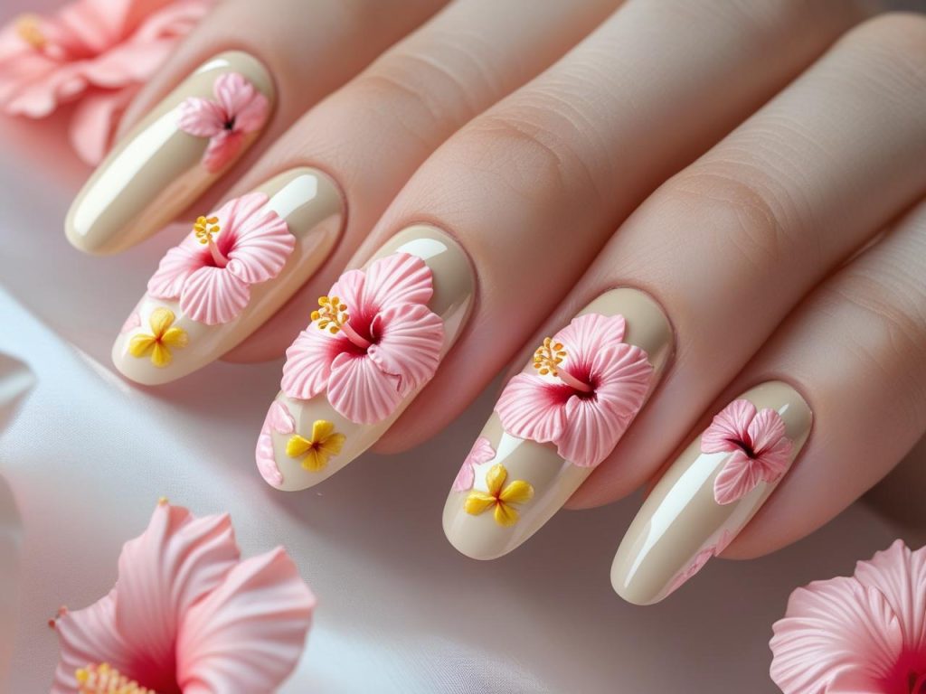 Floral Summer Nails 2025: Bright and Romantic Trends for Stunning Manicures 9 Tropical floral summer nail designs with pastel pink hibiscus flowers for 2025
