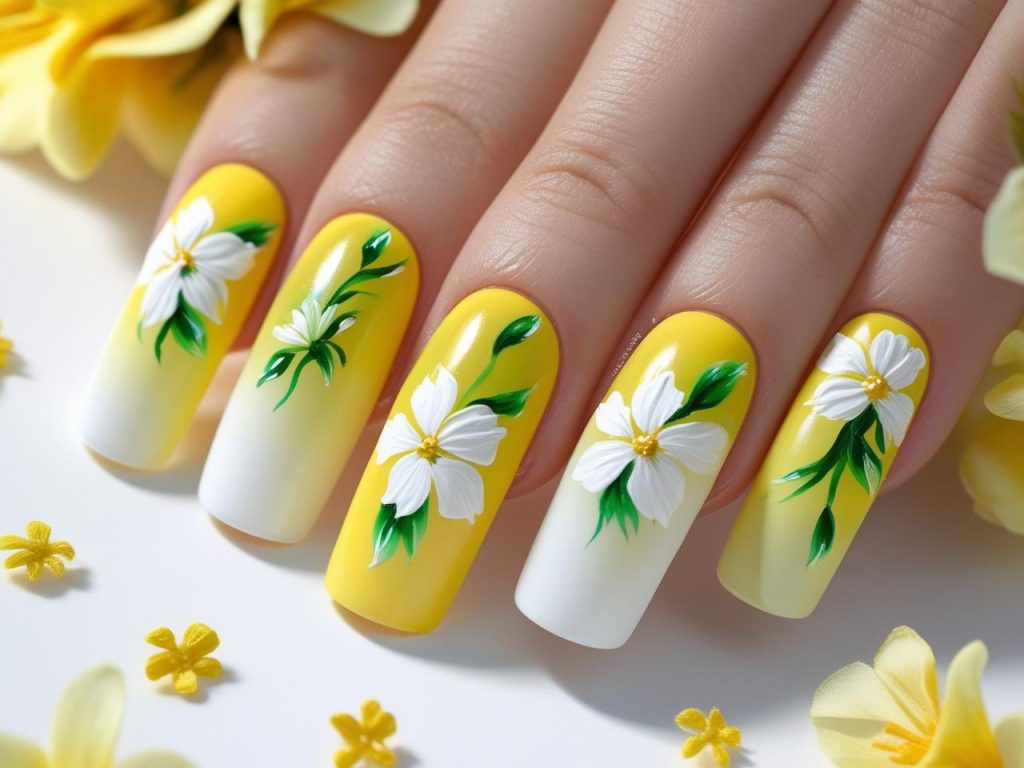 Floral Summer Nails 2025: Bright and Romantic Trends for Stunning Manicures 11 Ombre floral summer nail designs with yellow-to-white gradient and flowers for 2025